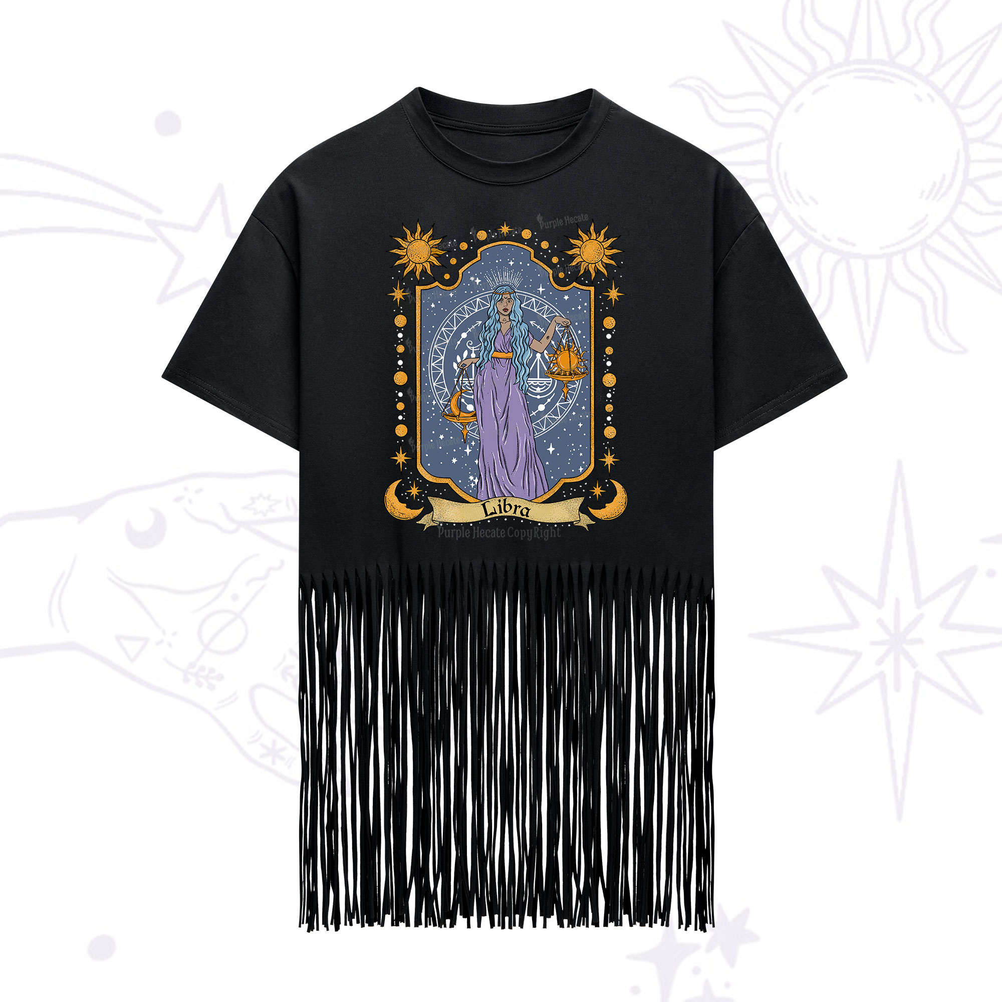 Purplehecate Libra Zodiac Fringe Hem T-Shirt