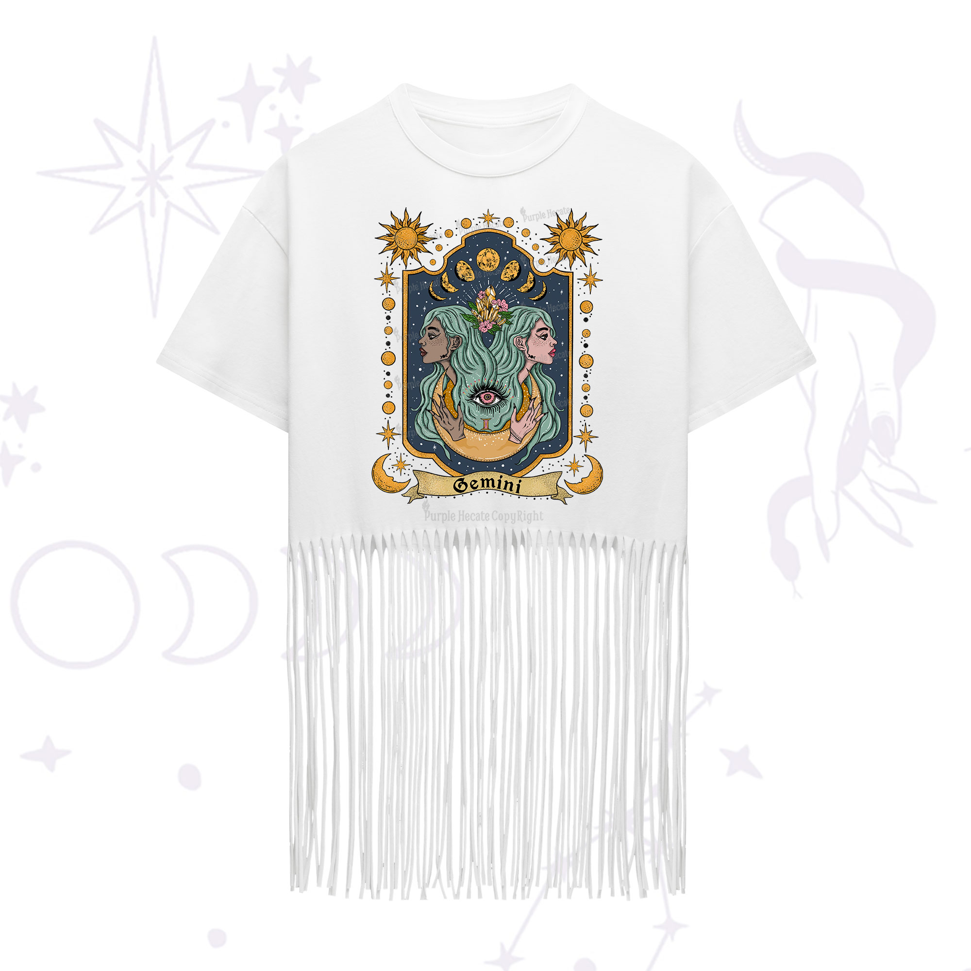 Purplehecate Gemini Zodiac Fringe Hem T-Shirt