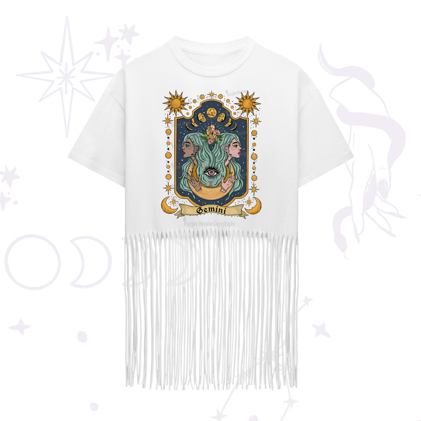 Purplehecate Gemini Zodiac Fringe Hem T-Shirt