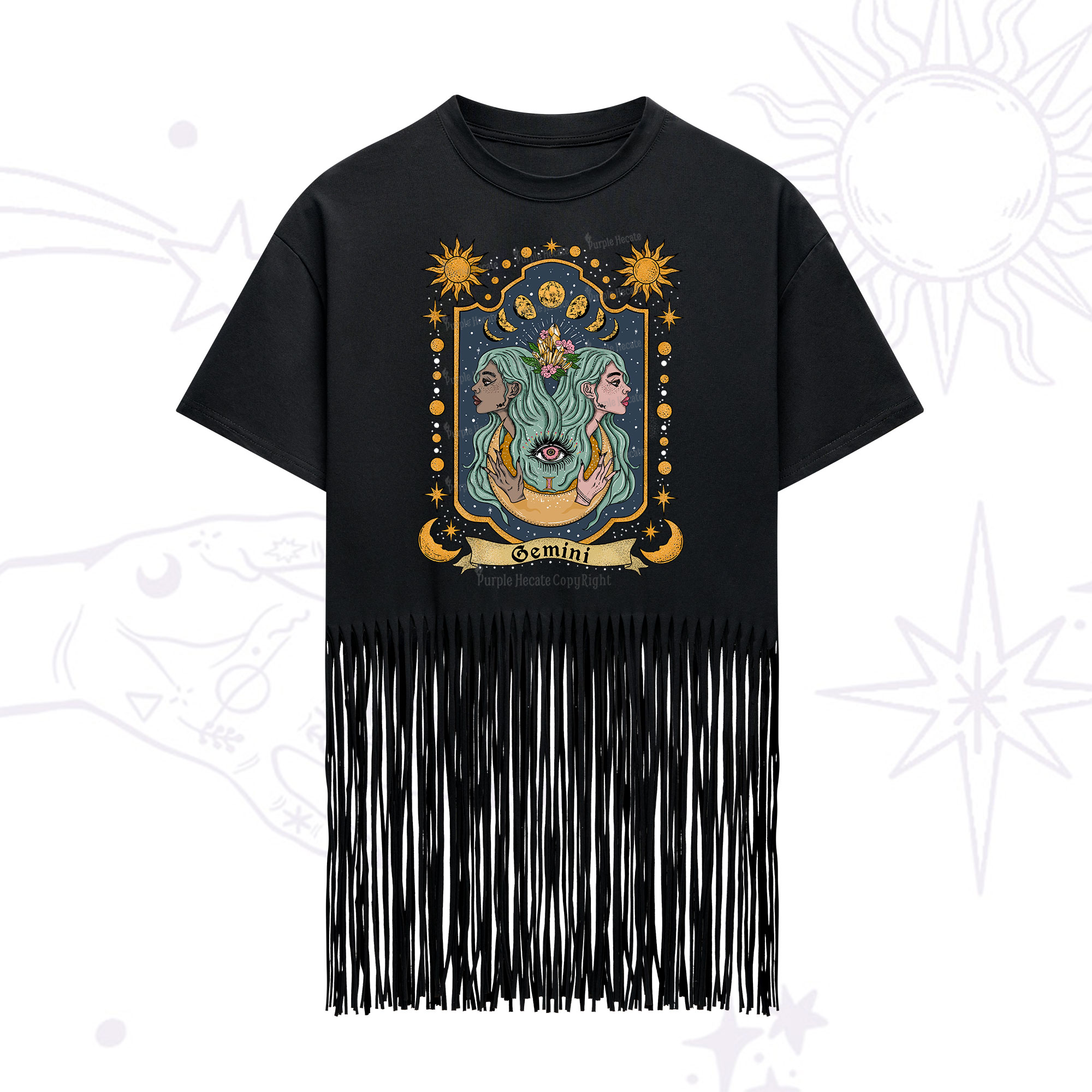 Purplehecate Gemini Zodiac Fringe Hem T-Shirt
