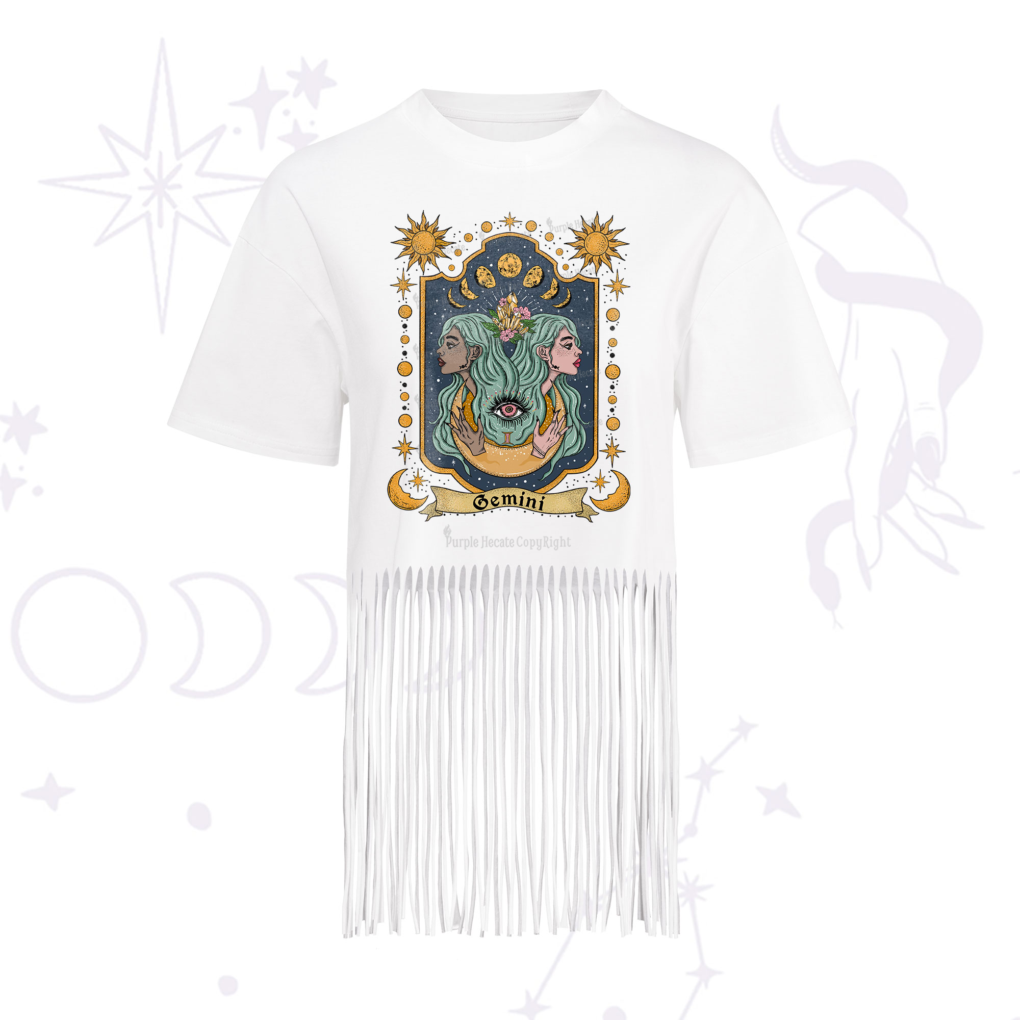 Purplehecate Gemini Zodiac Fringe Hem T-Shirt