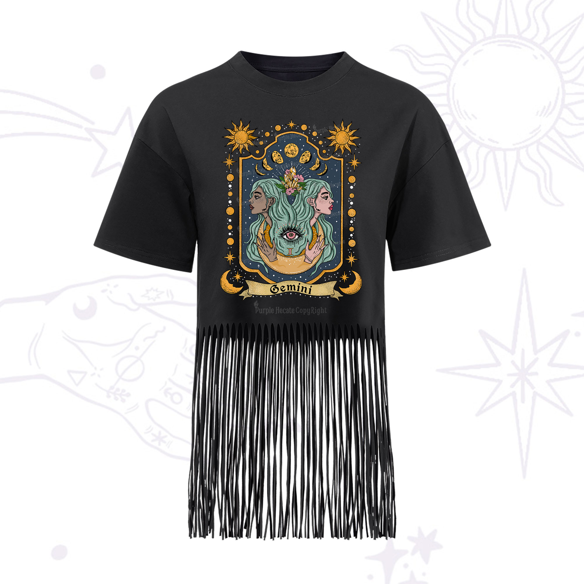 Purplehecate Gemini Zodiac Fringe Hem T-Shirt