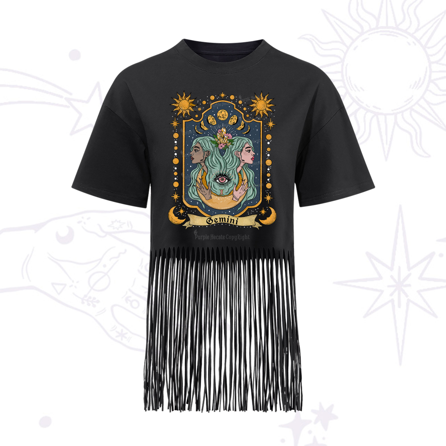 Purplehecate Gemini Zodiac Fringe Hem T-Shirt