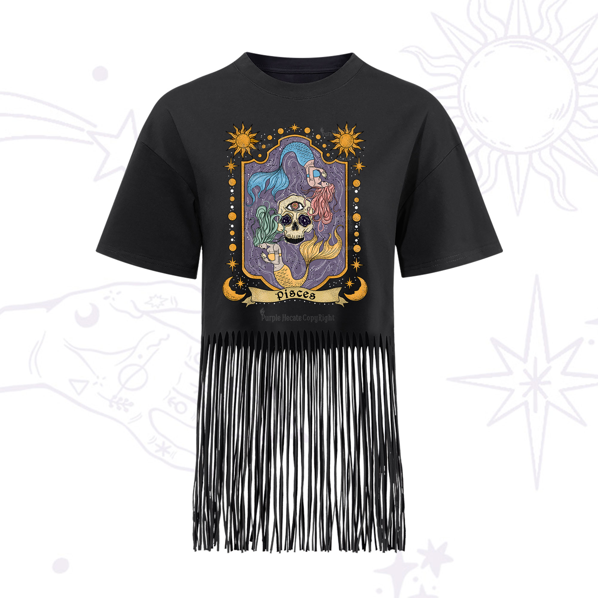 Purplehecate Pisces Zodiac Fringe Hem T-Shirt