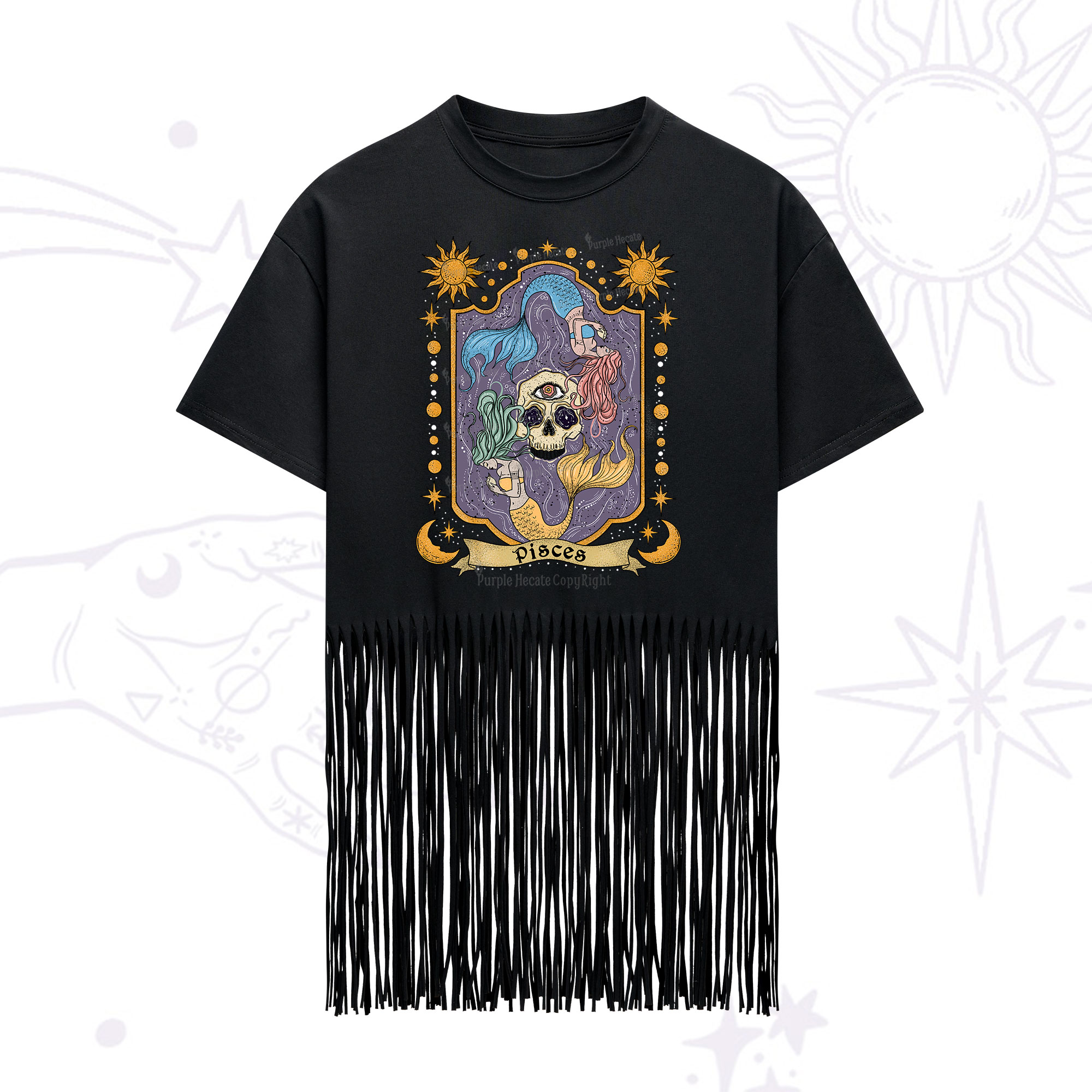 Purplehecate Pisces Zodiac Fringe Hem T-Shirt