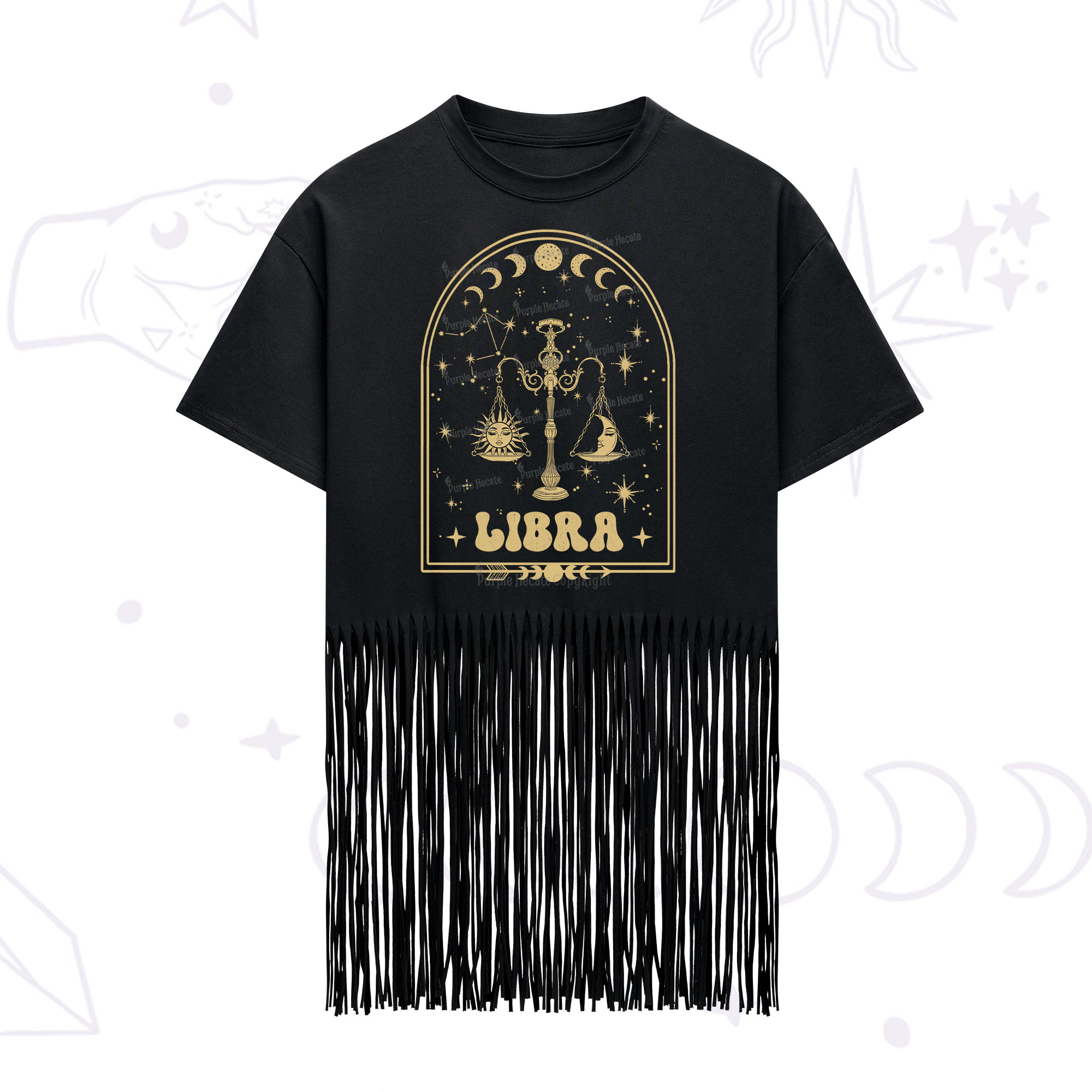 Purplehecate Zodiac Libra Under the Stars Fringe Hem T-Shirt
