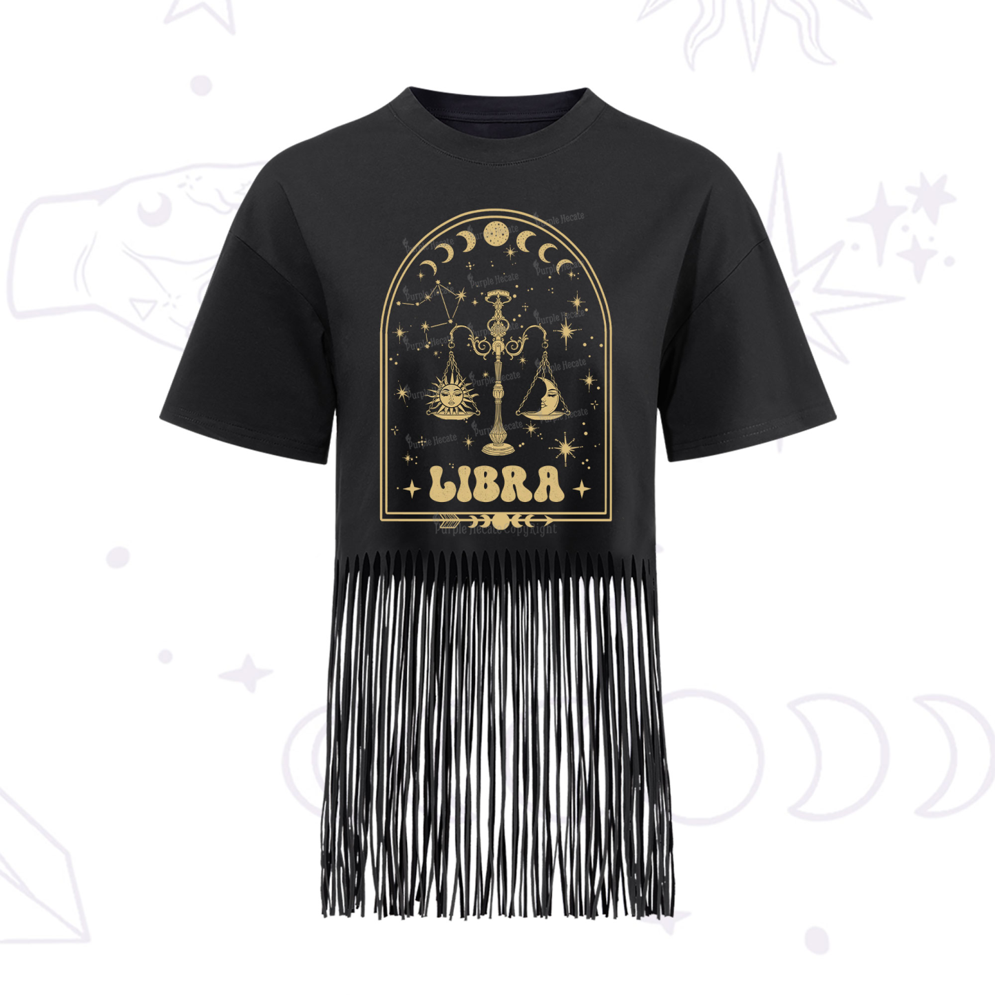 Purplehecate Zodiac Libra Under the Stars Fringe Hem T-Shirt