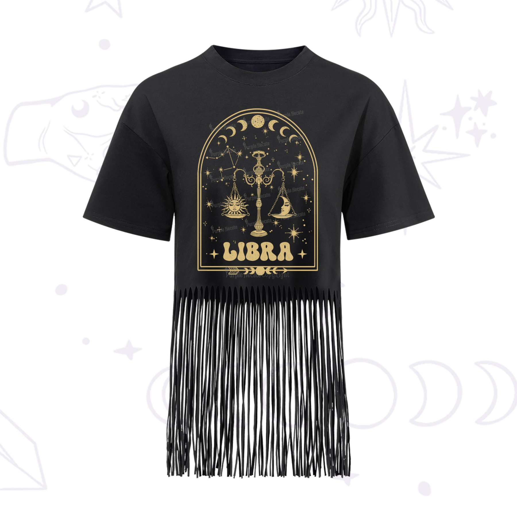 Purplehecate Zodiac Libra Under the Stars Fringe Hem T-Shirt