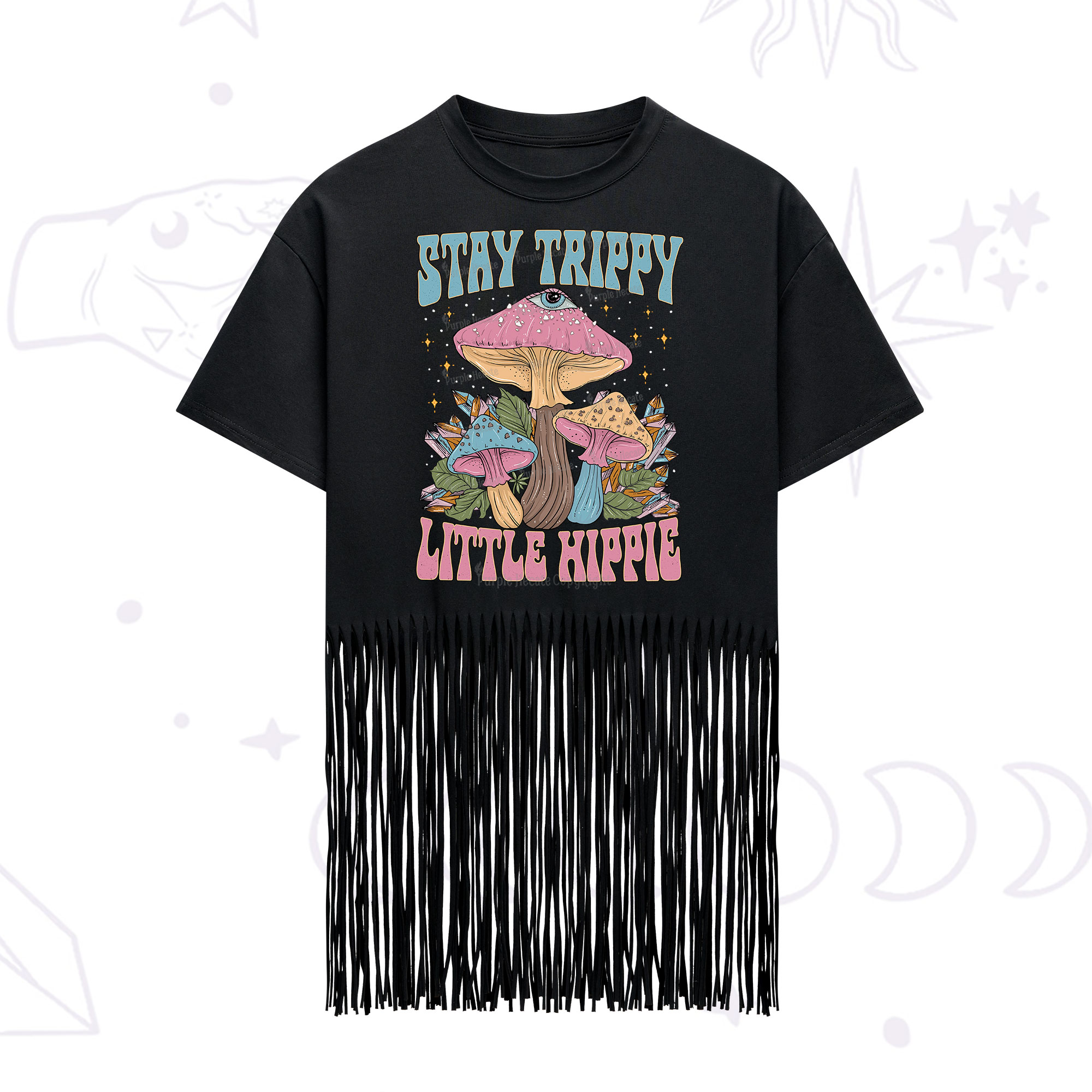 Purplehecate Stay Trippy Little Hippie Mushroom Fringe Hem T-Shirt