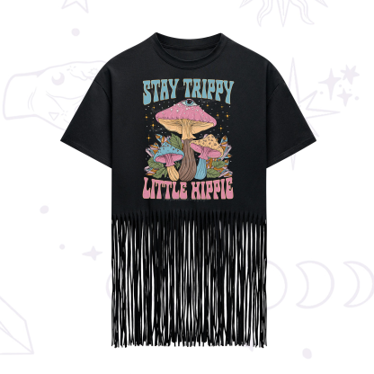 Purplehecate Stay Trippy Little Hippie Mushroom Fringe Hem T-Shirt