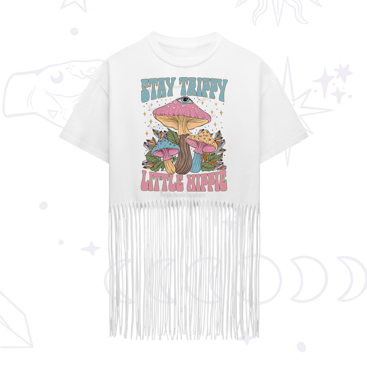 Purplehecate Stay Trippy Little Hippie Mushroom Fringe Hem T-Shirt