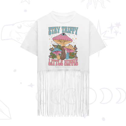 Purplehecate Stay Trippy Little Hippie Mushroom Fringe Hem T-Shirt