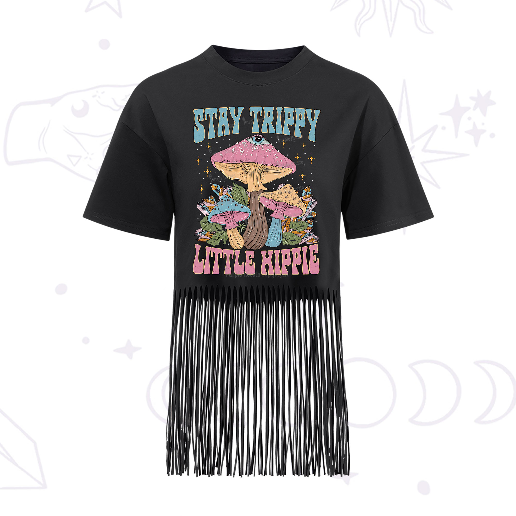 Purplehecate Stay Trippy Little Hippie Mushroom Fringe Hem T-Shirt