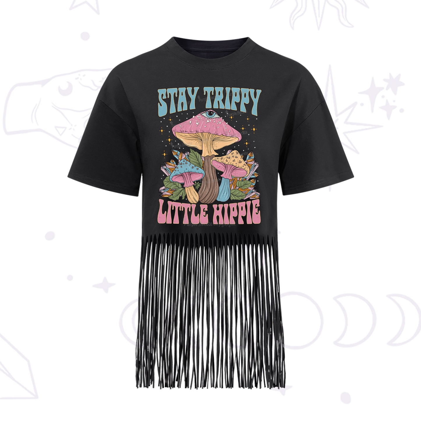 Purplehecate Stay Trippy Little Hippie Mushroom Fringe Hem T-Shirt