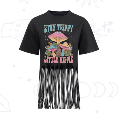 Purplehecate Stay Trippy Little Hippie Mushroom Fringe Hem T-Shirt