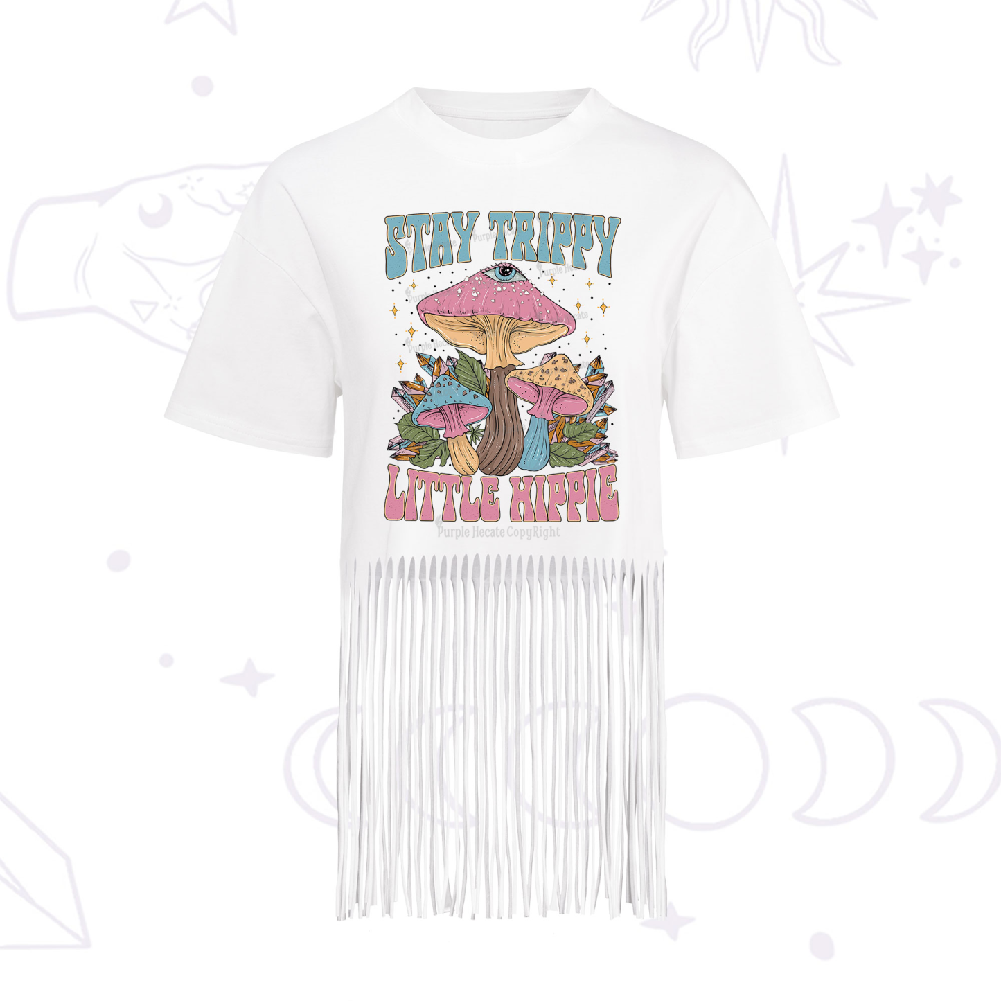 Purplehecate Stay Trippy Little Hippie Mushroom Fringe Hem T-Shirt