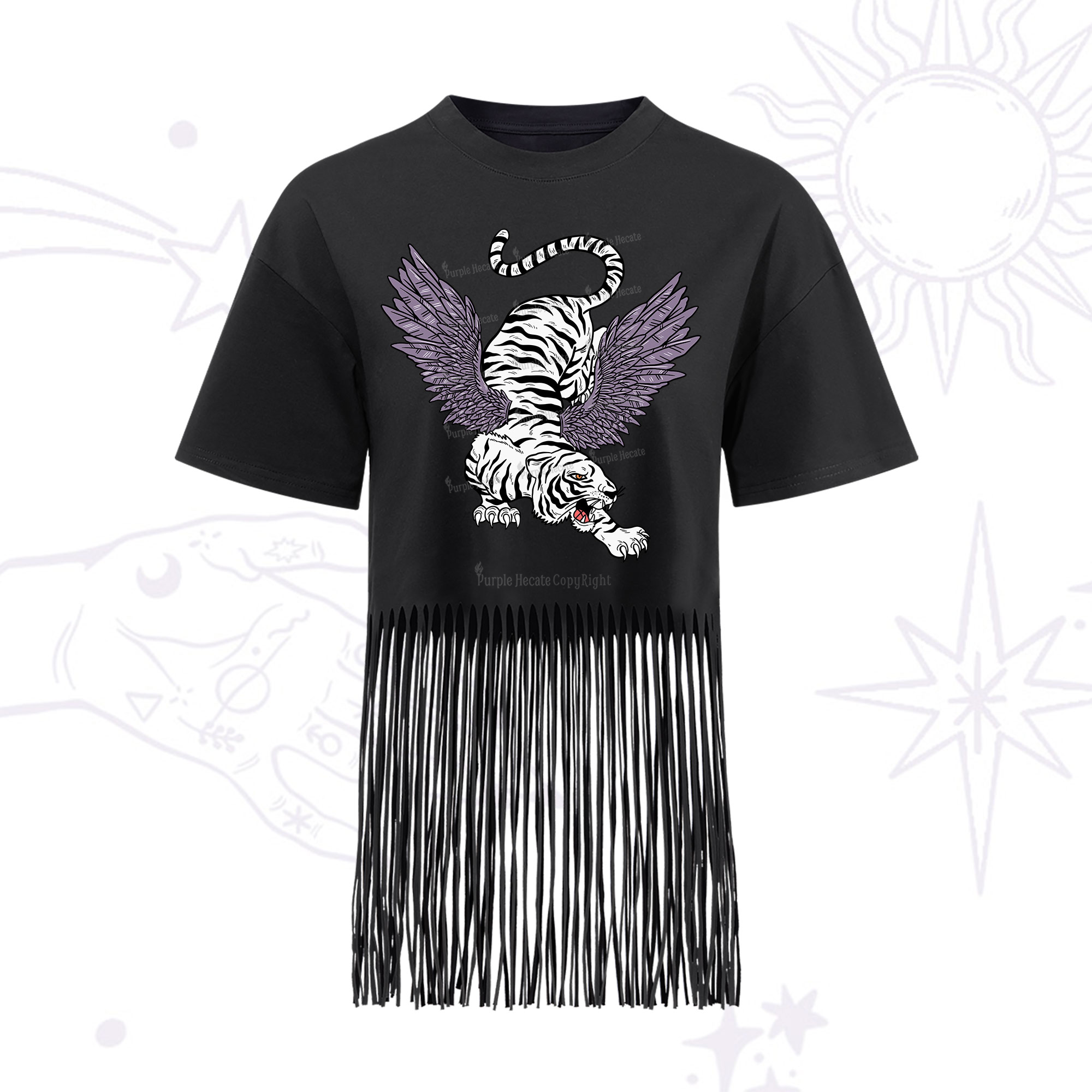 Purplehecate Tiger With Wings Fringe Hem T-Shirt