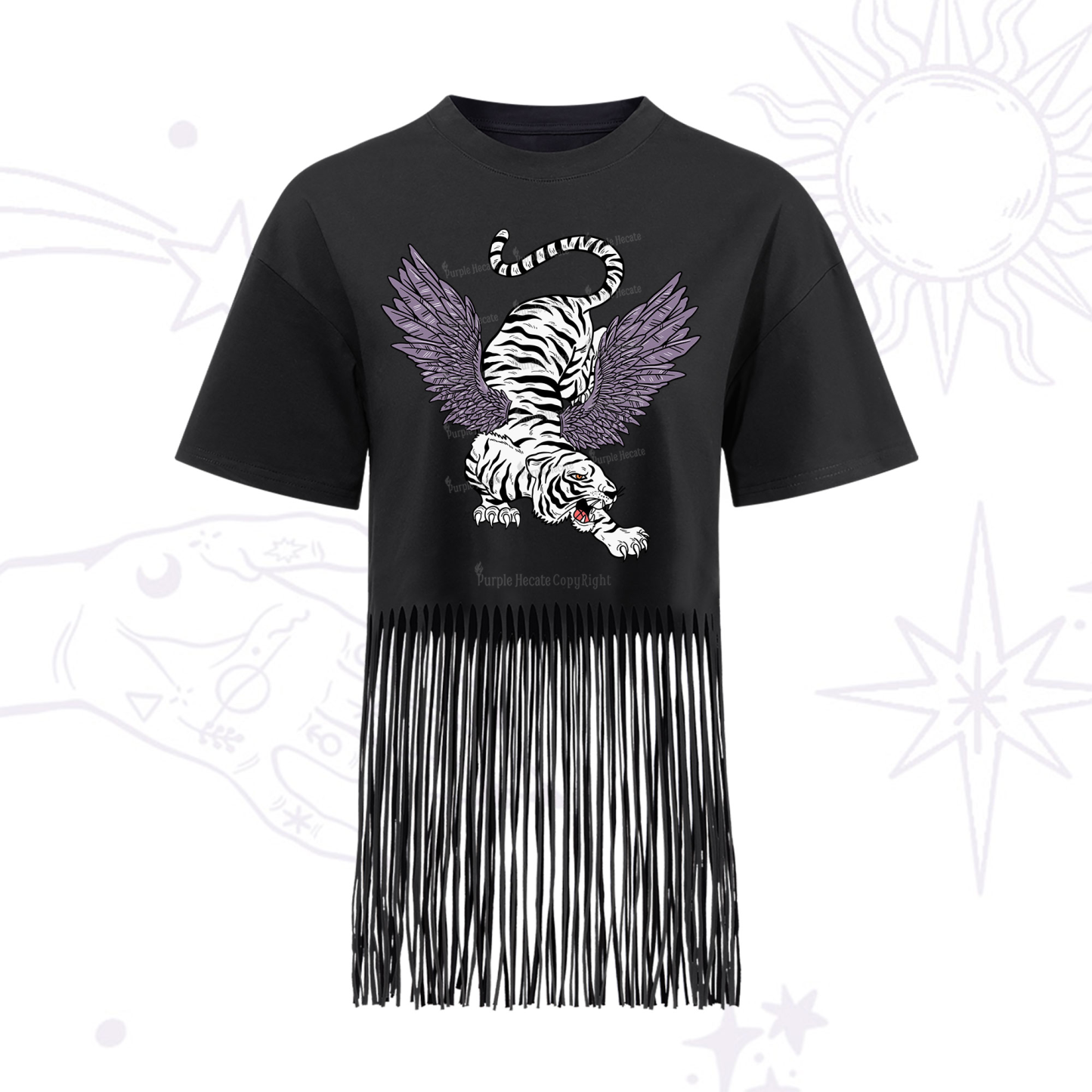 Purplehecate Tiger With Wings Fringe Hem T-Shirt