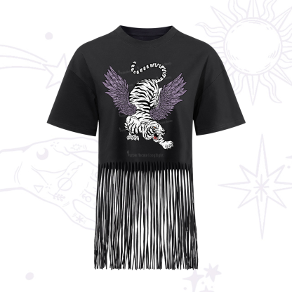 Purplehecate Tiger With Wings Fringe Hem T-Shirt