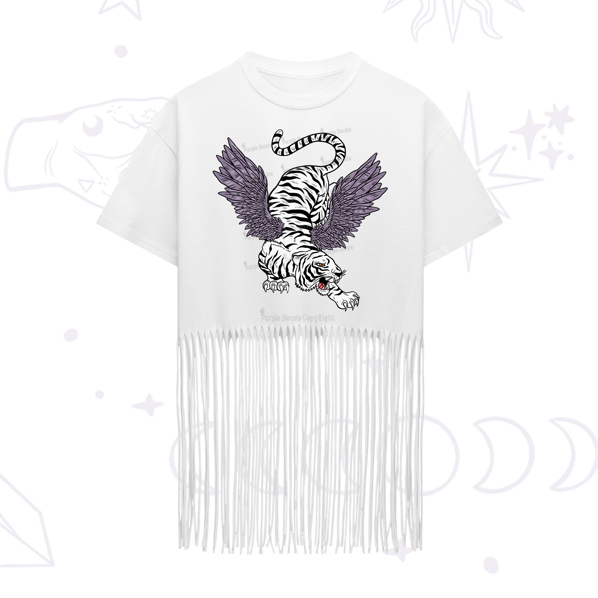 Purplehecate Tiger With Wings Fringe Hem T-Shirt