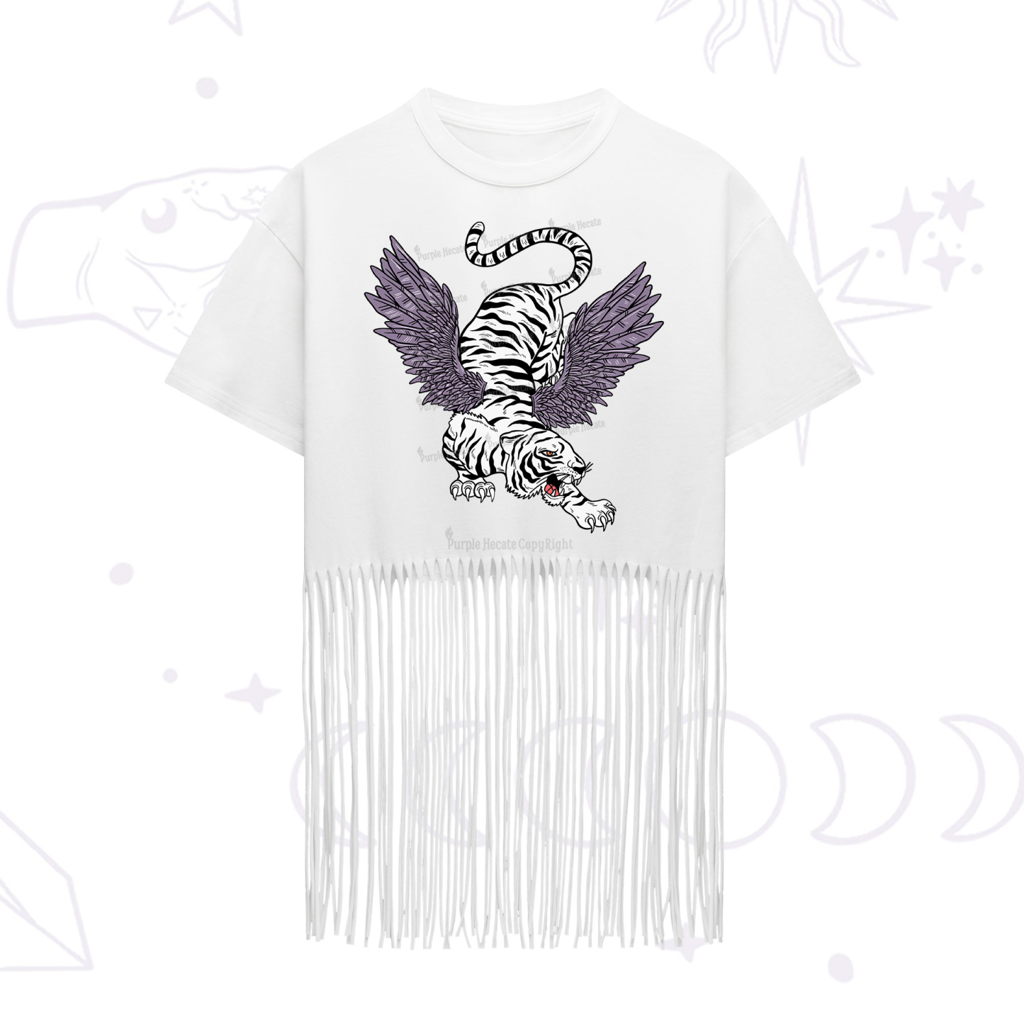Purplehecate Tiger With Wings Fringe Hem T-Shirt