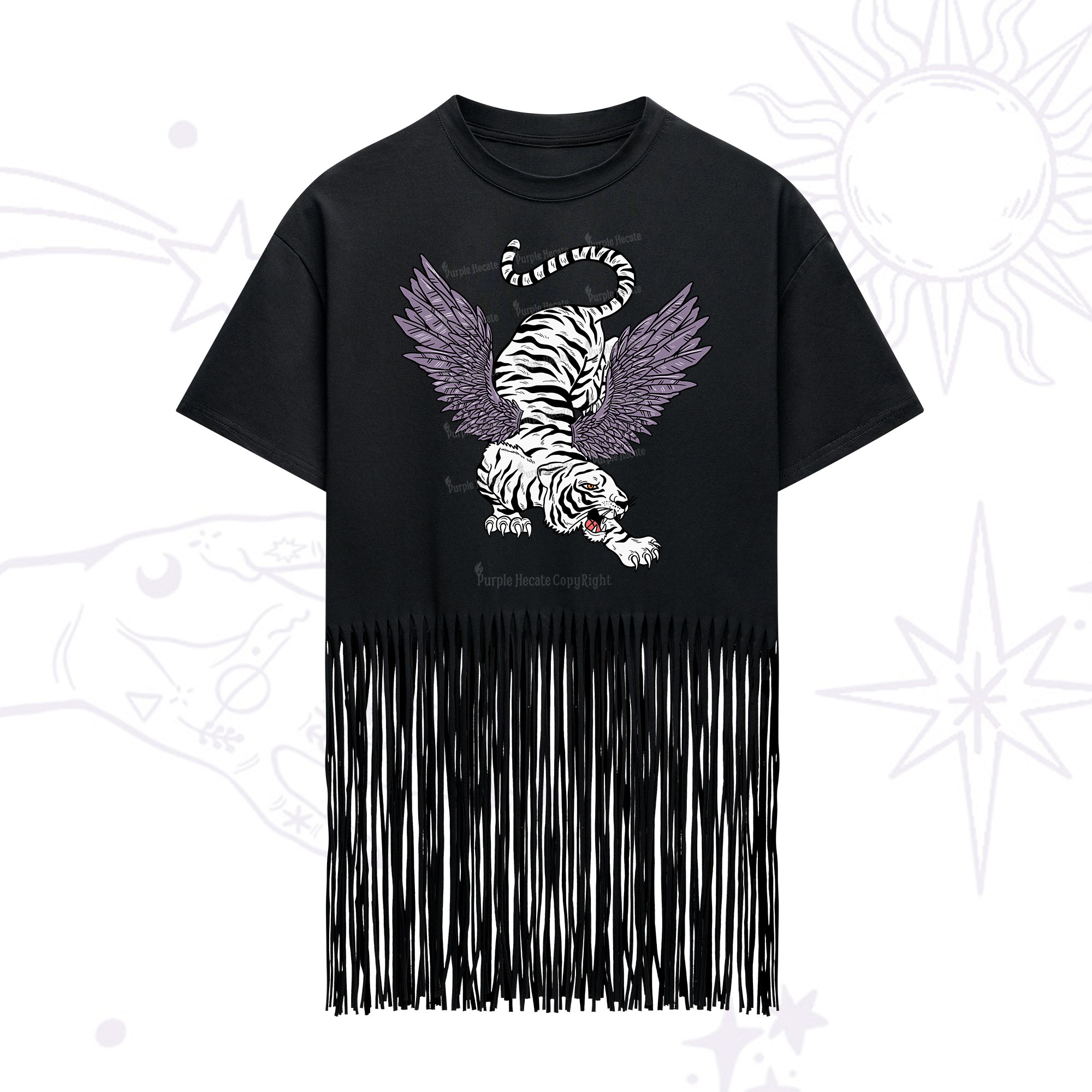 Purplehecate Tiger With Wings Fringe Hem T-Shirt