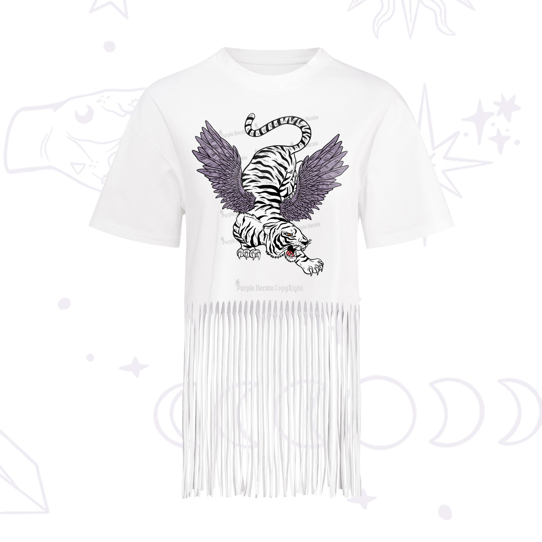 Purplehecate Tiger With Wings Fringe Hem T-Shirt
