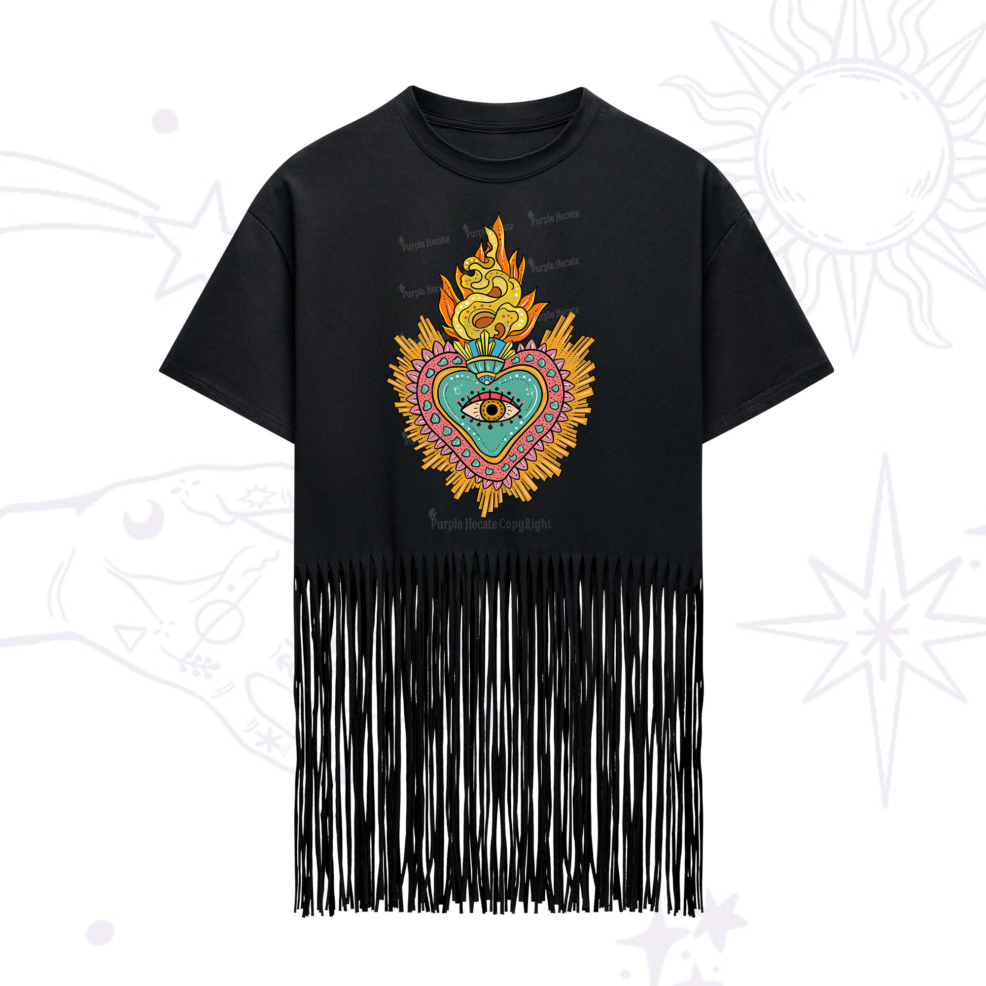 Purplehecate Rainbow Sacred Heart Fringe Hem T-Shirt