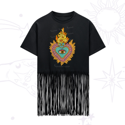Purplehecate Rainbow Sacred Heart Fringe Hem T-Shirt