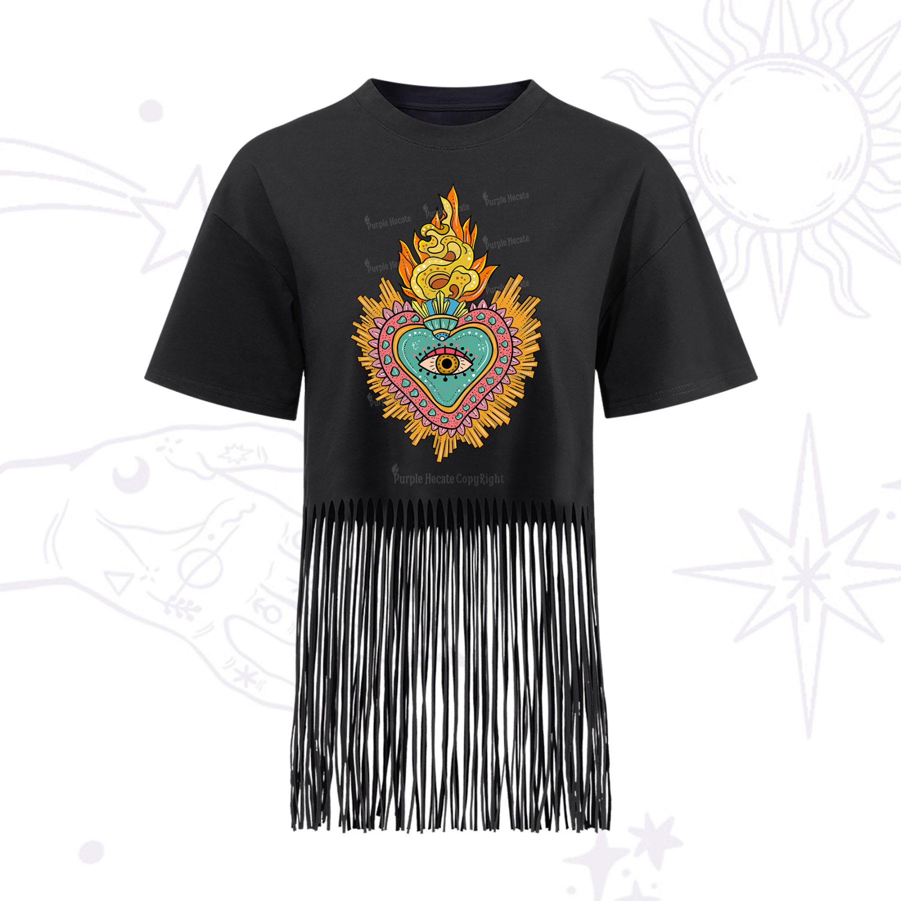 Purplehecate Rainbow Sacred Heart Fringe Hem T-Shirt