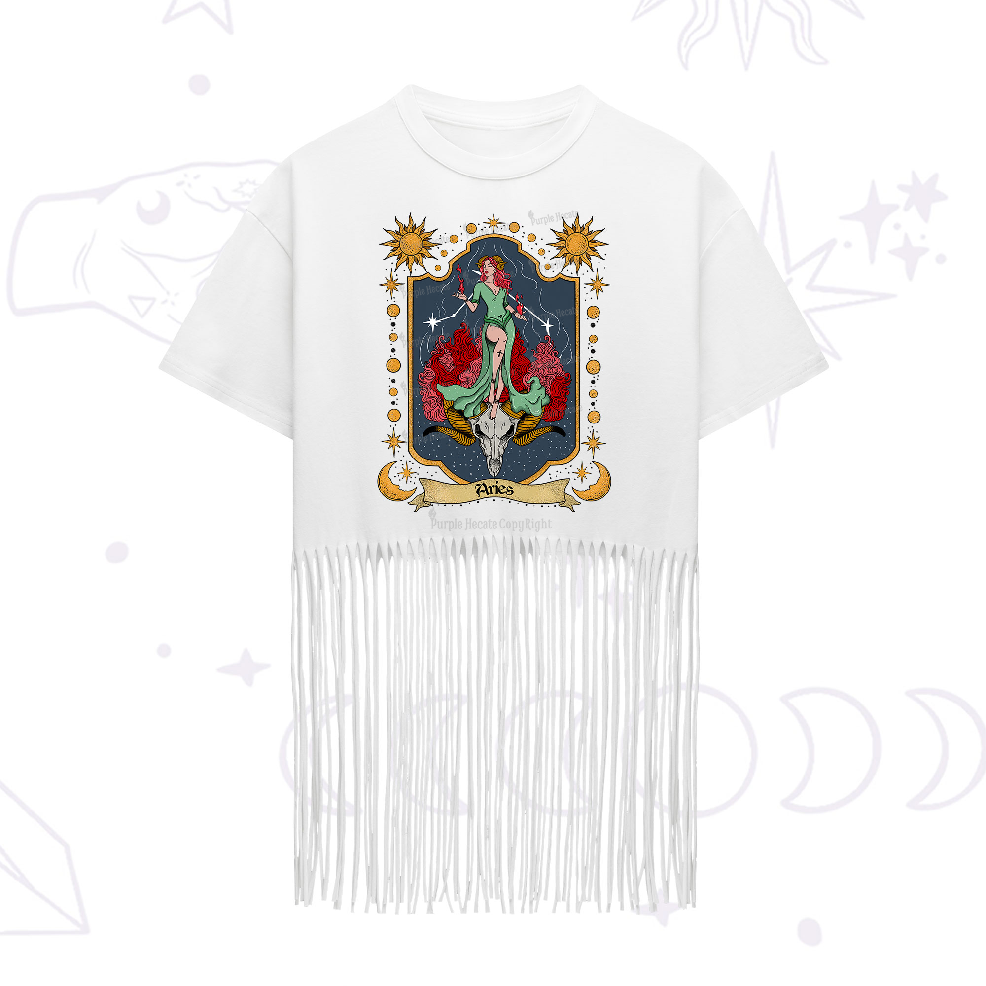 Purplehecate Aries Zodiac Fringe Hem T-Shirt