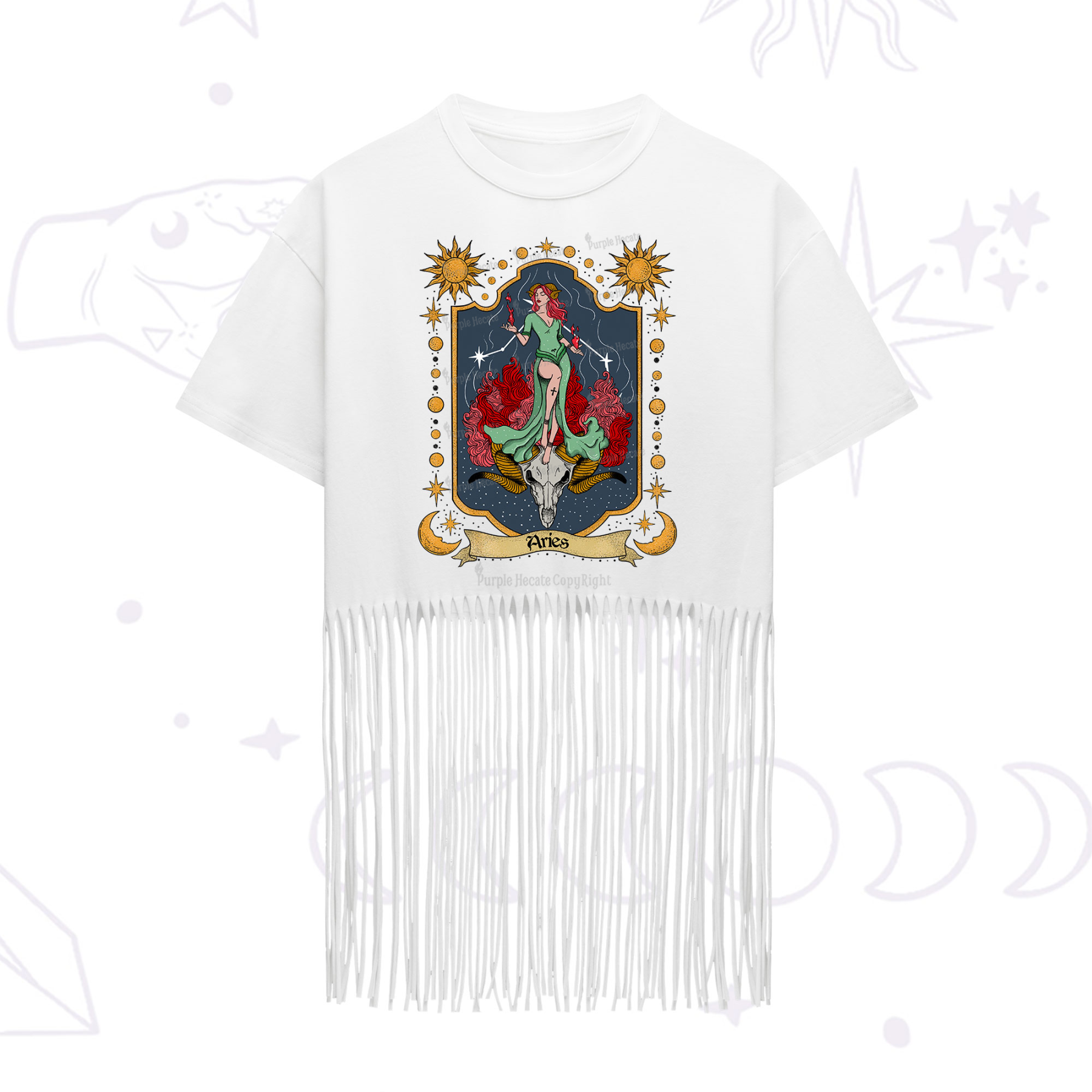 Purplehecate Aries Zodiac Fringe Hem T-Shirt
