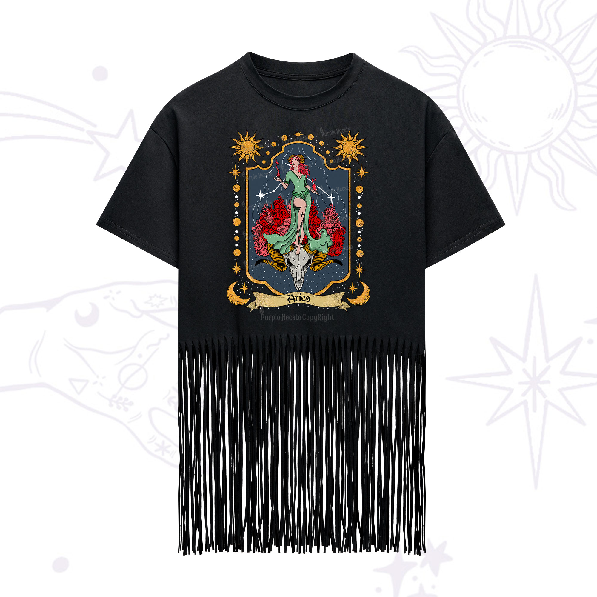 Purplehecate Aries Zodiac Fringe Hem T-Shirt
