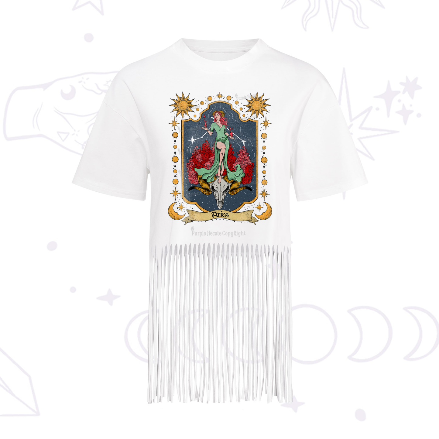 Purplehecate Aries Zodiac Fringe Hem T-Shirt