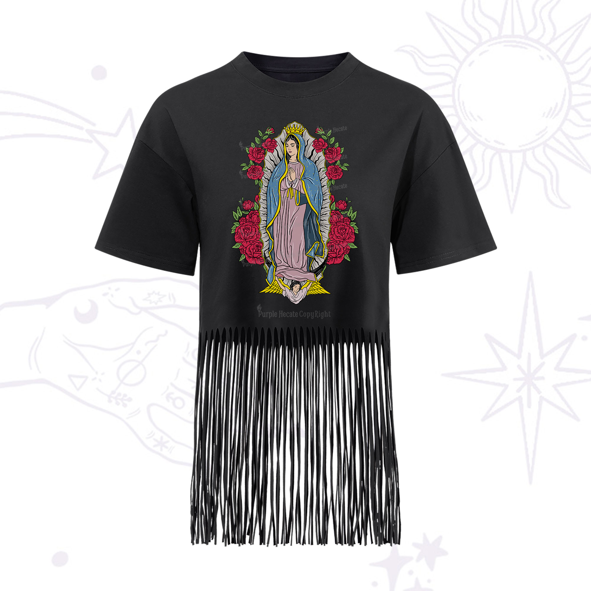 Purplehecate Mother Mary Fringe Hem T-Shirt