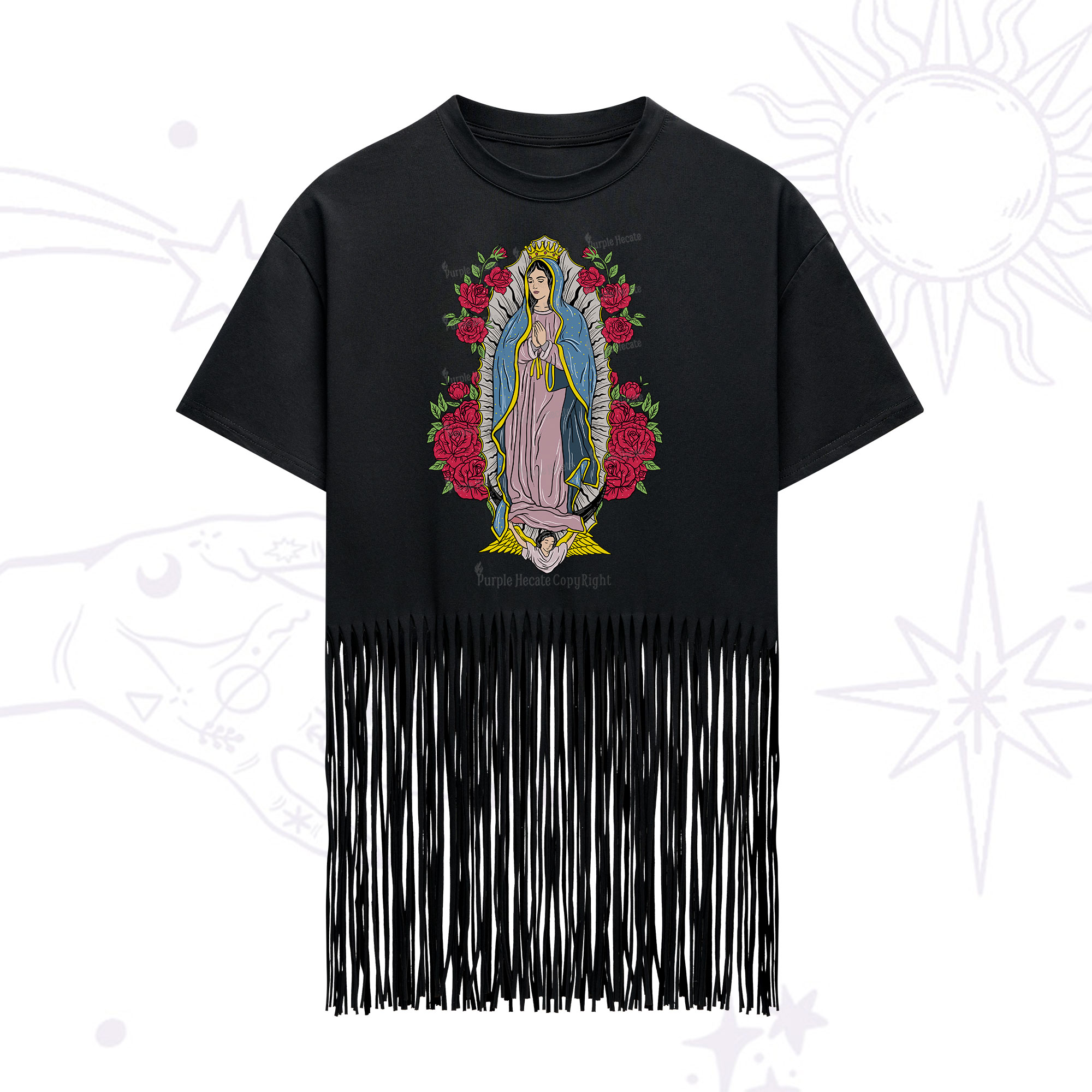 Purplehecate Mother Mary Fringe Hem T-Shirt