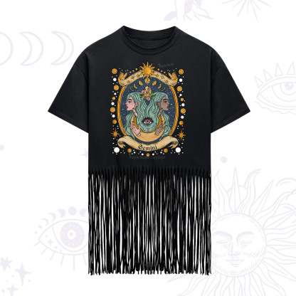 Purplehecate Celestial Gemini Zodiac Fringe Hem T-Shirt