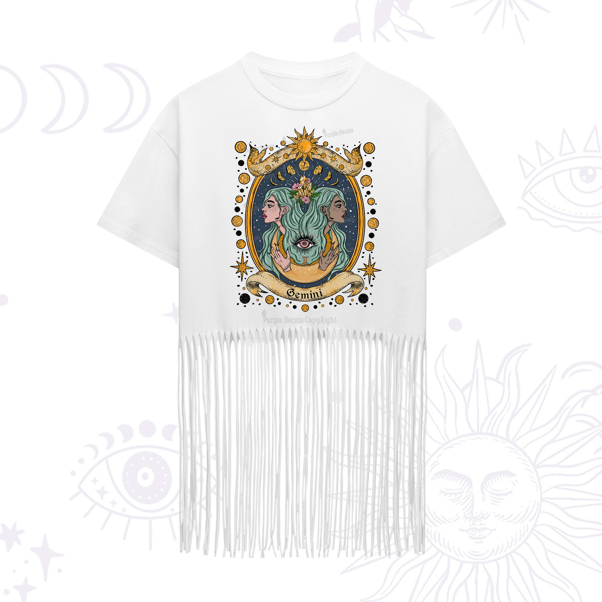 Purplehecate Celestial Gemini Zodiac Fringe Hem T-Shirt