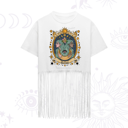 Purplehecate Celestial Gemini Zodiac Fringe Hem T-Shirt