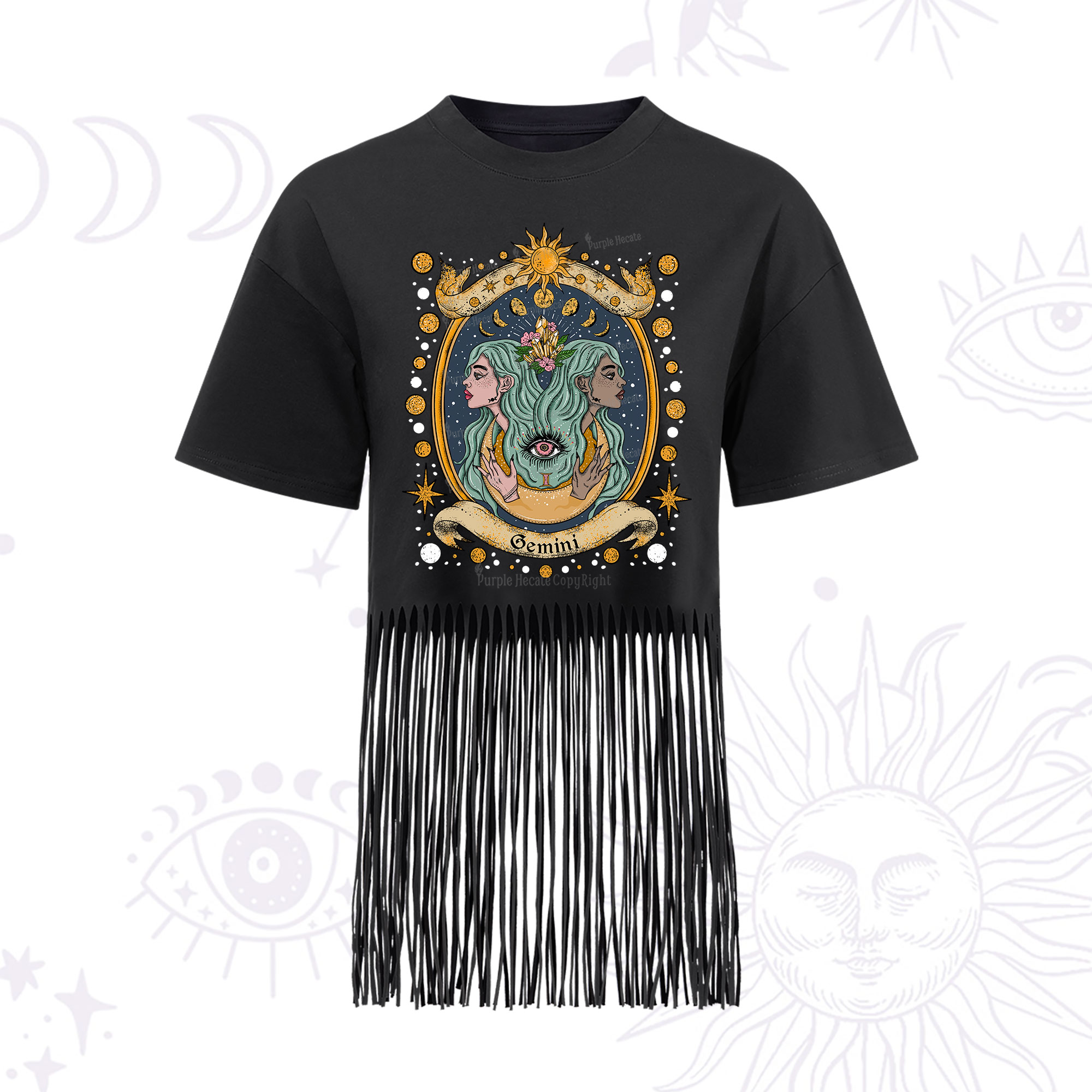 Purplehecate Celestial Gemini Zodiac Fringe Hem T-Shirt