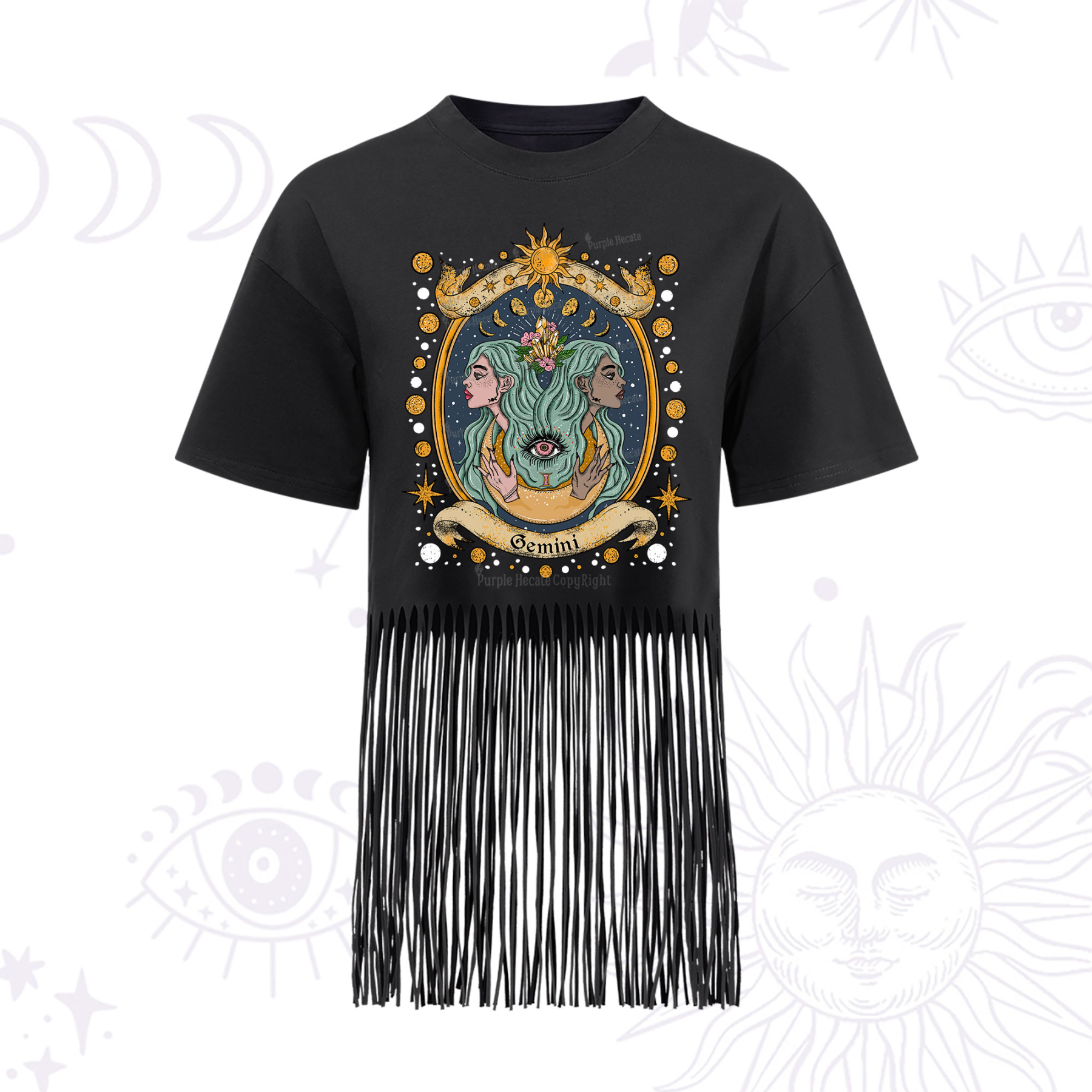 Purplehecate Celestial Gemini Zodiac Fringe Hem T-Shirt