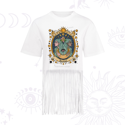 Purplehecate Celestial Gemini Zodiac Fringe Hem T-Shirt