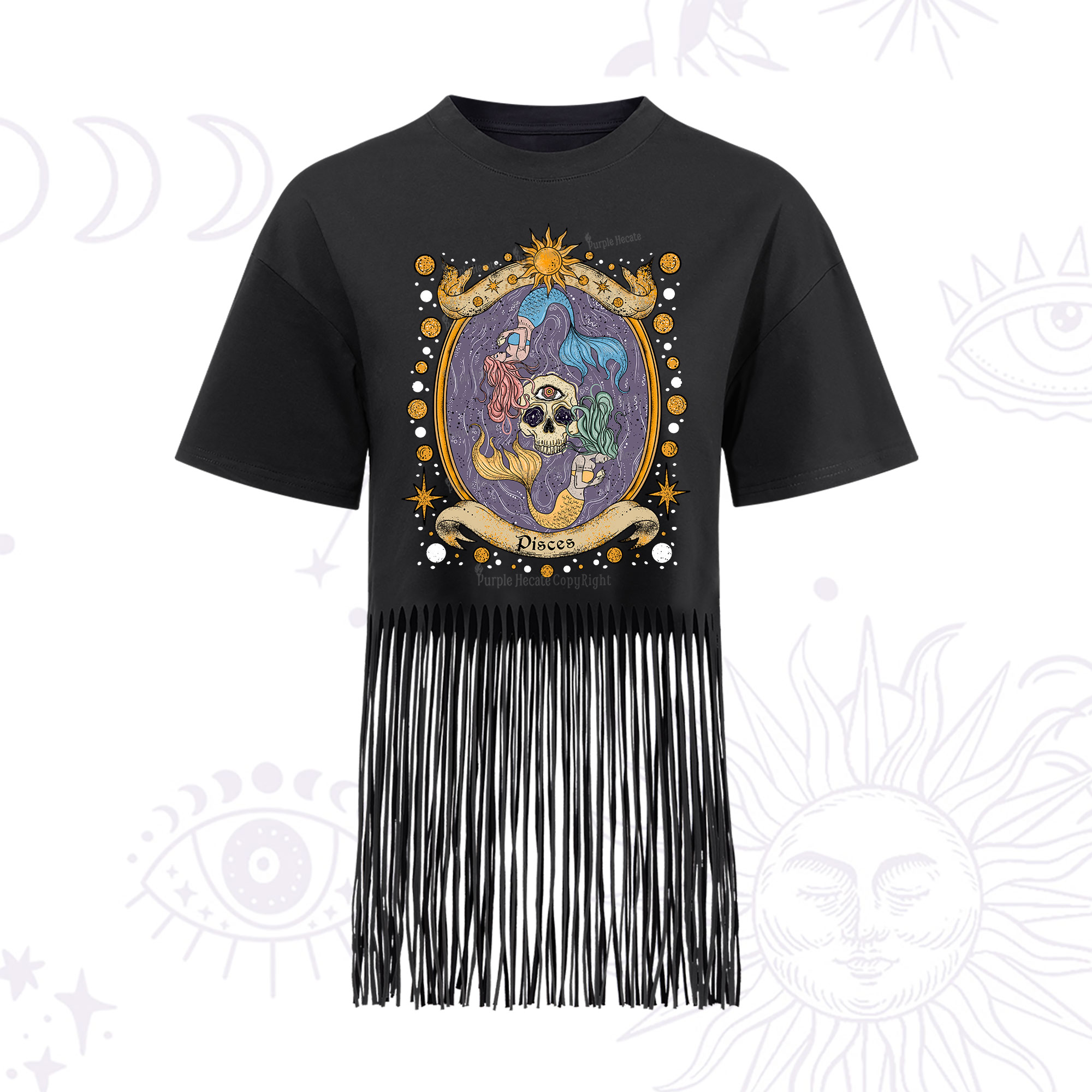 Purplehecate Celestial Pisces Zodiac Fringe Hem T-Shirt