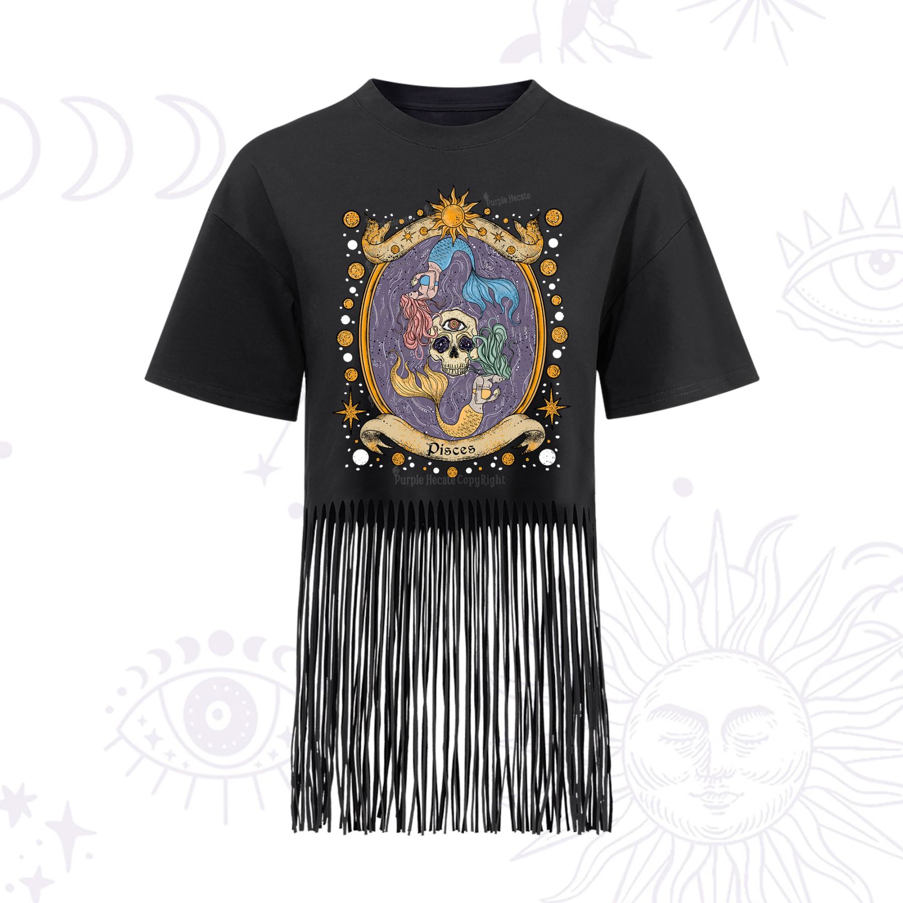 Purplehecate Celestial Pisces Zodiac Fringe Hem T-Shirt