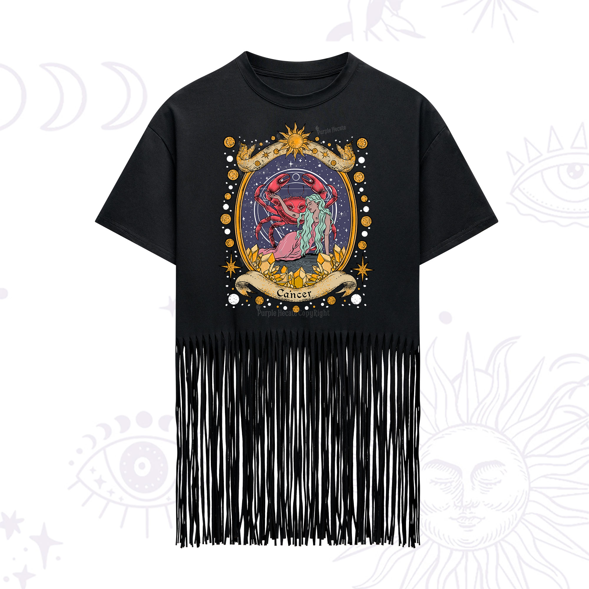 Purplehecate Celestial Cancer Zodiac Fringe Hem T-Shirt