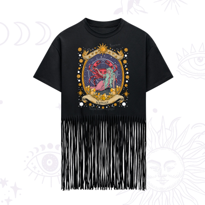 Purplehecate Celestial Cancer Zodiac Fringe Hem T-Shirt