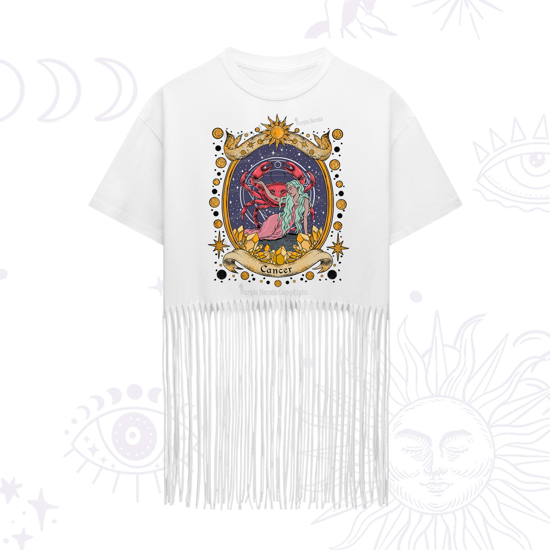 Purplehecate Celestial Cancer Zodiac Fringe Hem T-Shirt
