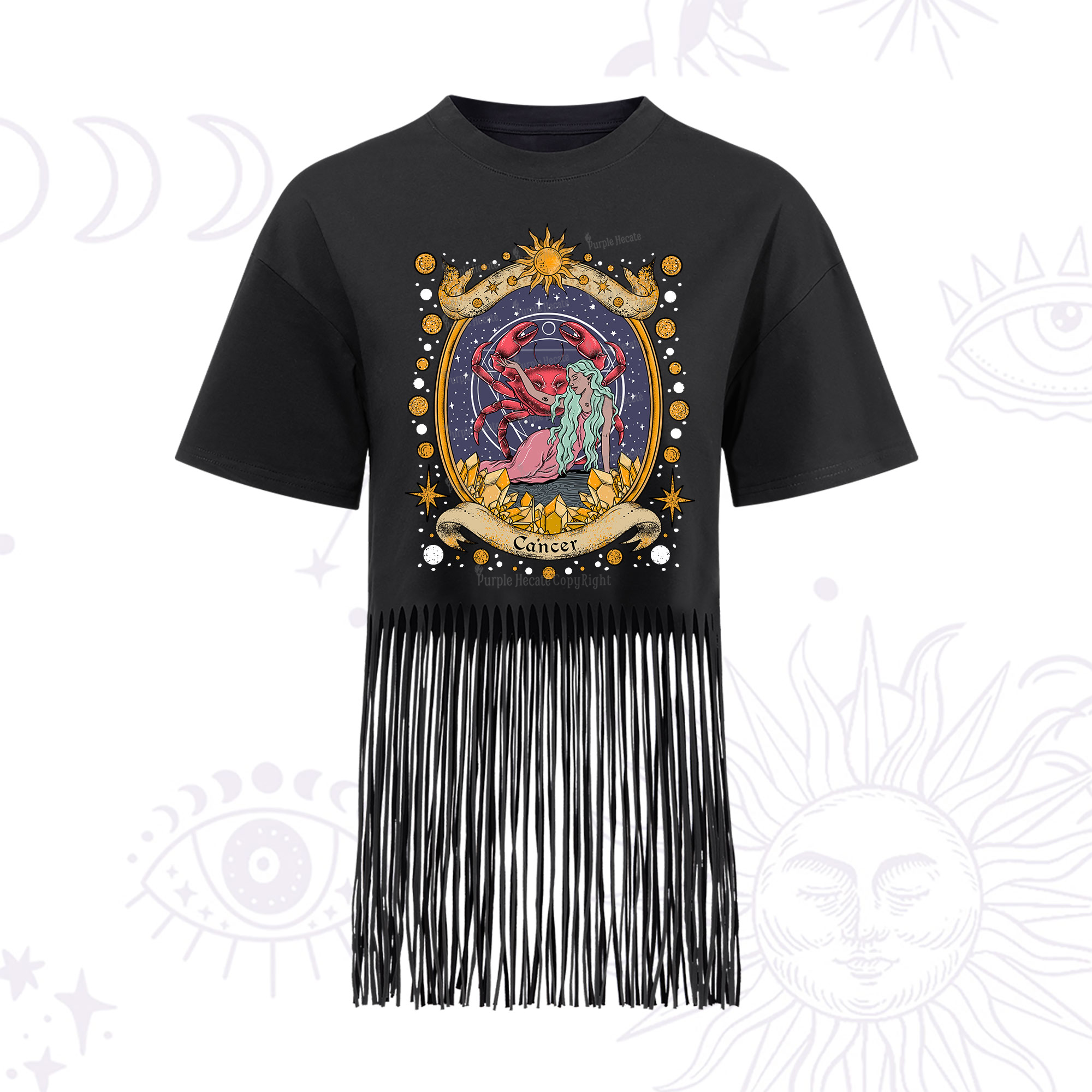 Purplehecate Celestial Cancer Zodiac Fringe Hem T-Shirt