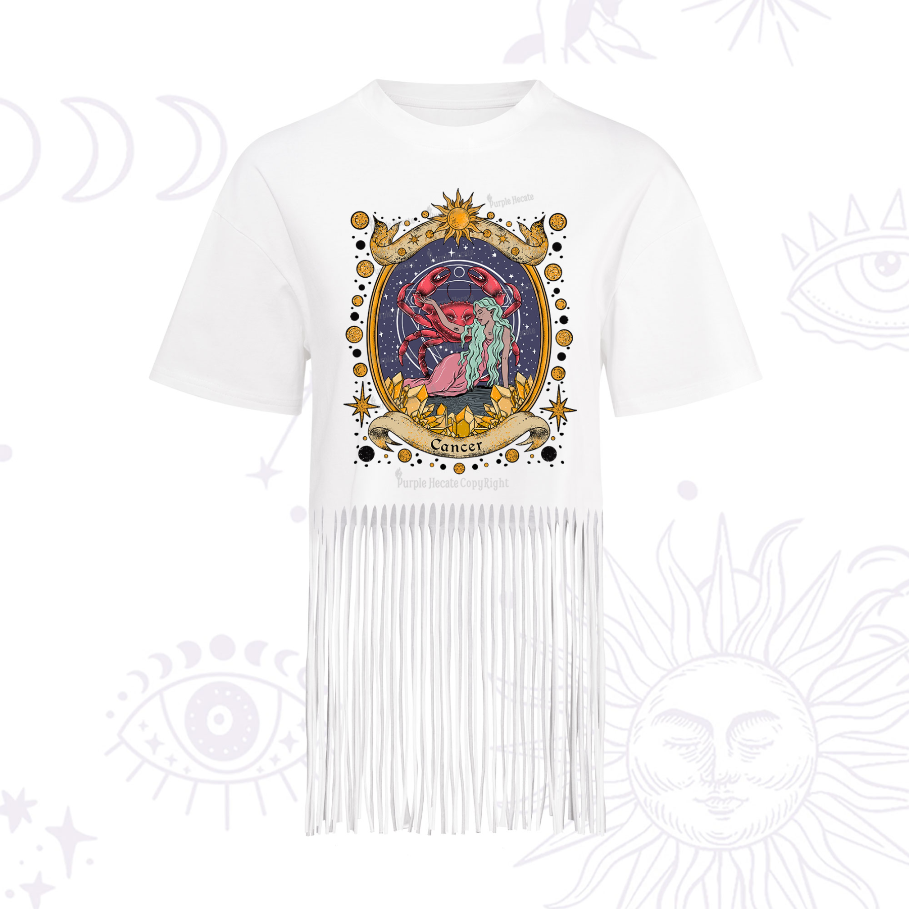 Purplehecate Celestial Cancer Zodiac Fringe Hem T-Shirt