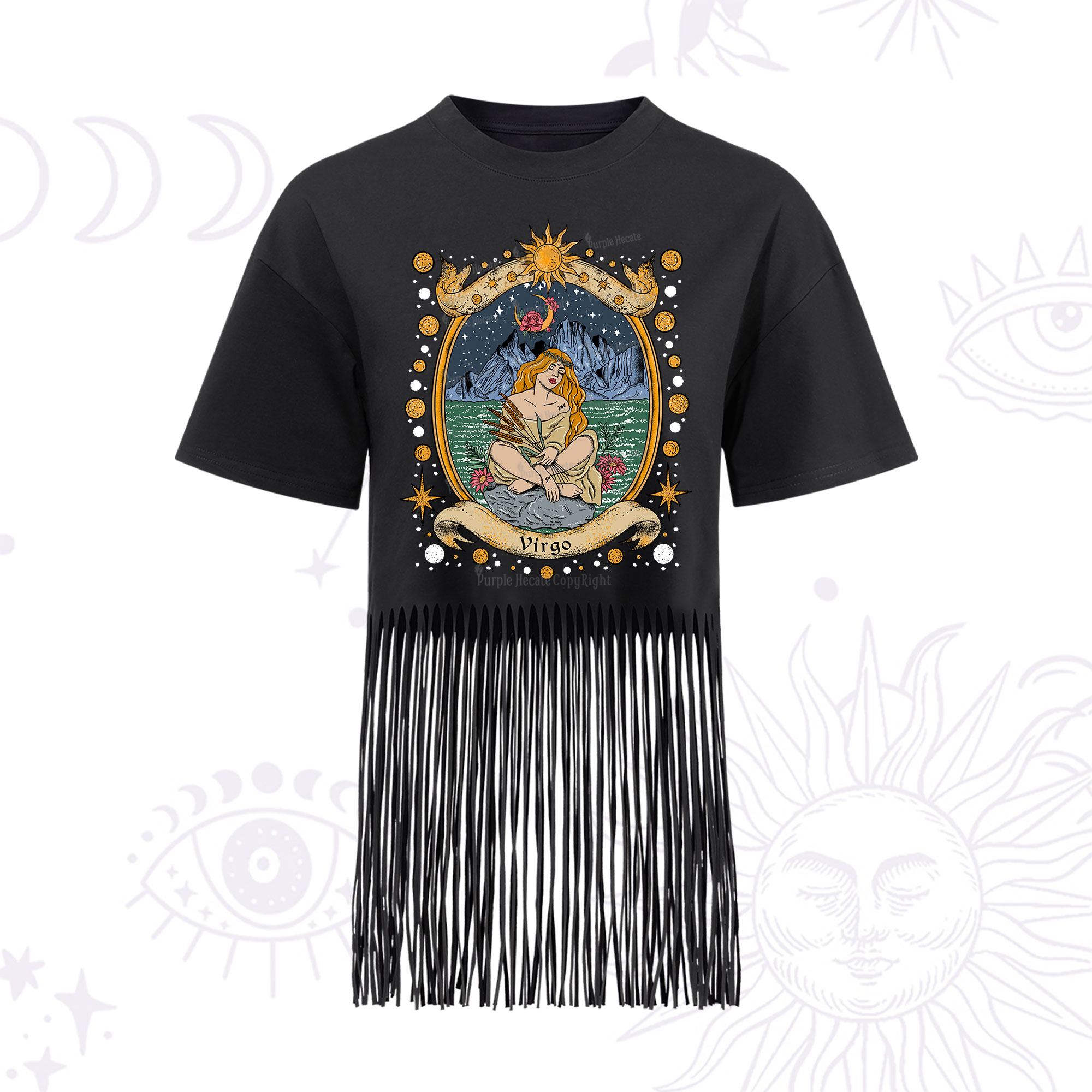 Purplehecate Celestial Virgo Zodiac Fringe Hem T-Shirt